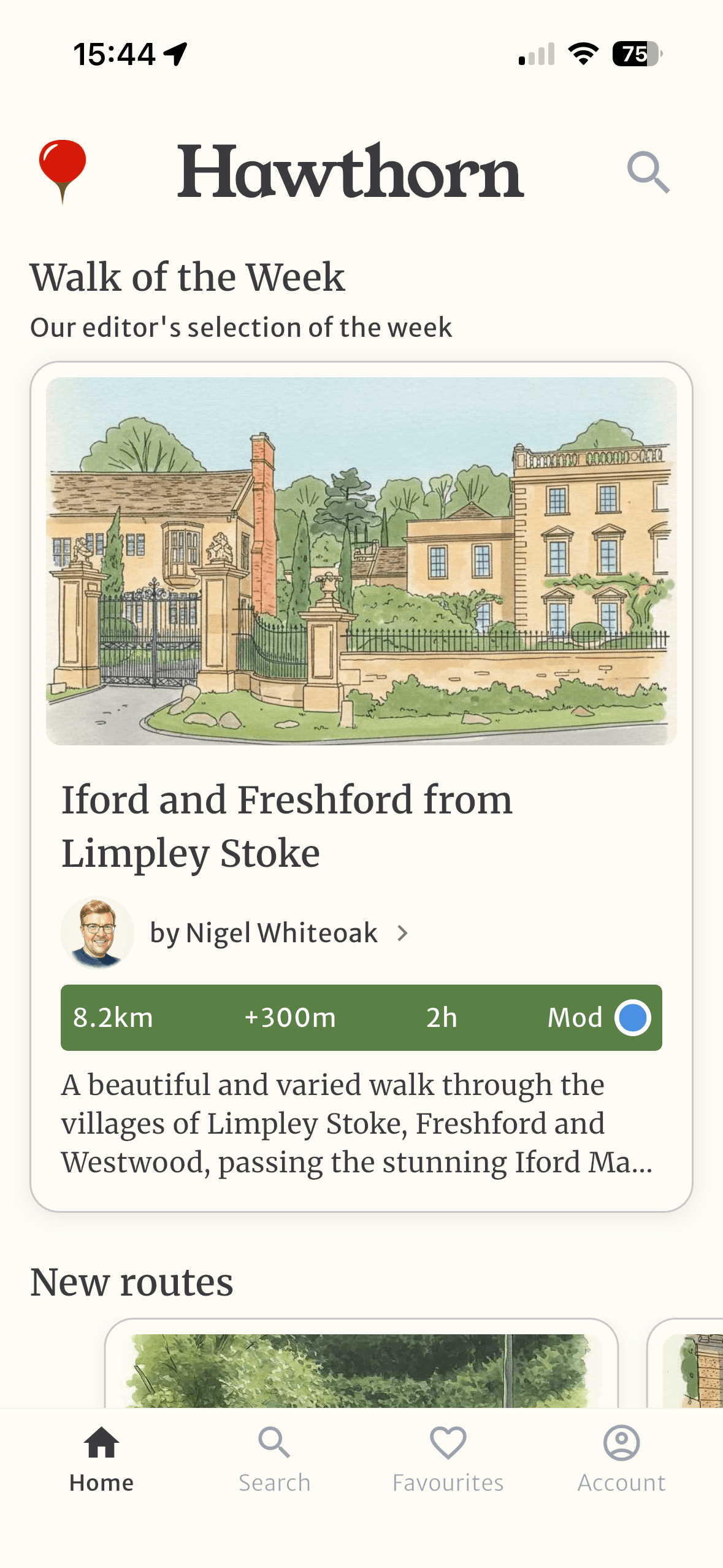Home screen with walk of the week and new routes