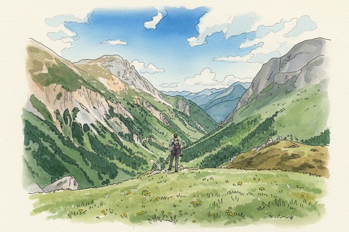 Illustration of a walker overlooking a mountain valley with wildflowers