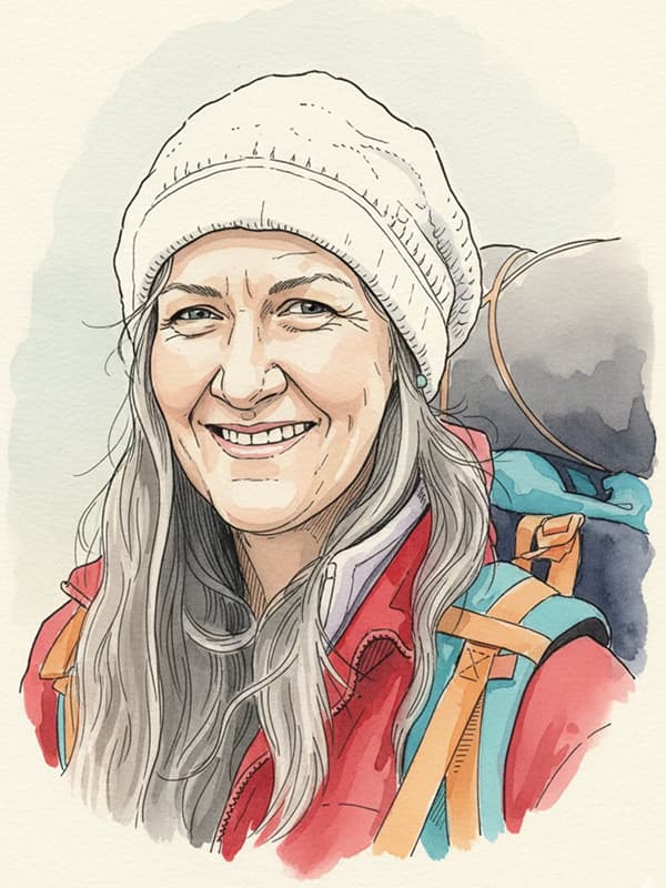 Illustrated portrait of a smiling hiker in a white beanie and red jacket