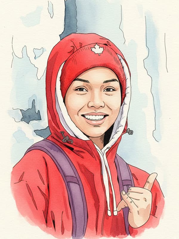 Illustrated portrait of a smiling hiker in a red hooded jacket