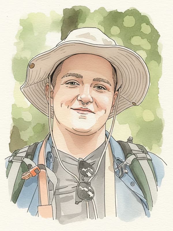 Illustrated portrait of a hiker in a wide-brimmed sun hat
