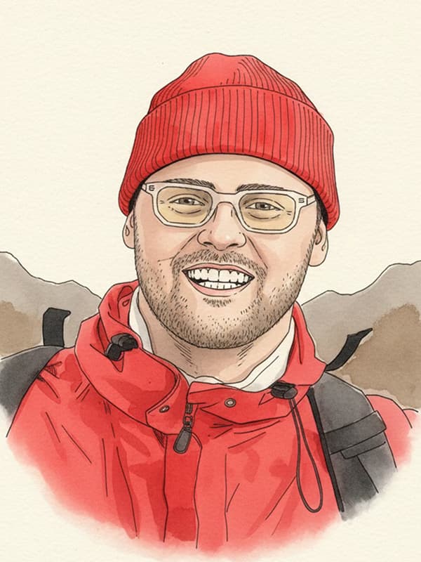 Illustrated portrait of a smiling hiker in a red beanie and glasses