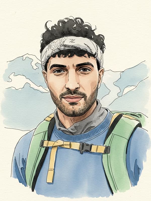 Illustrated portrait of a hiker with a headband and backpack