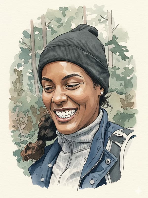 Illustrated portrait of a smiling hiker in a dark beanie in woodland