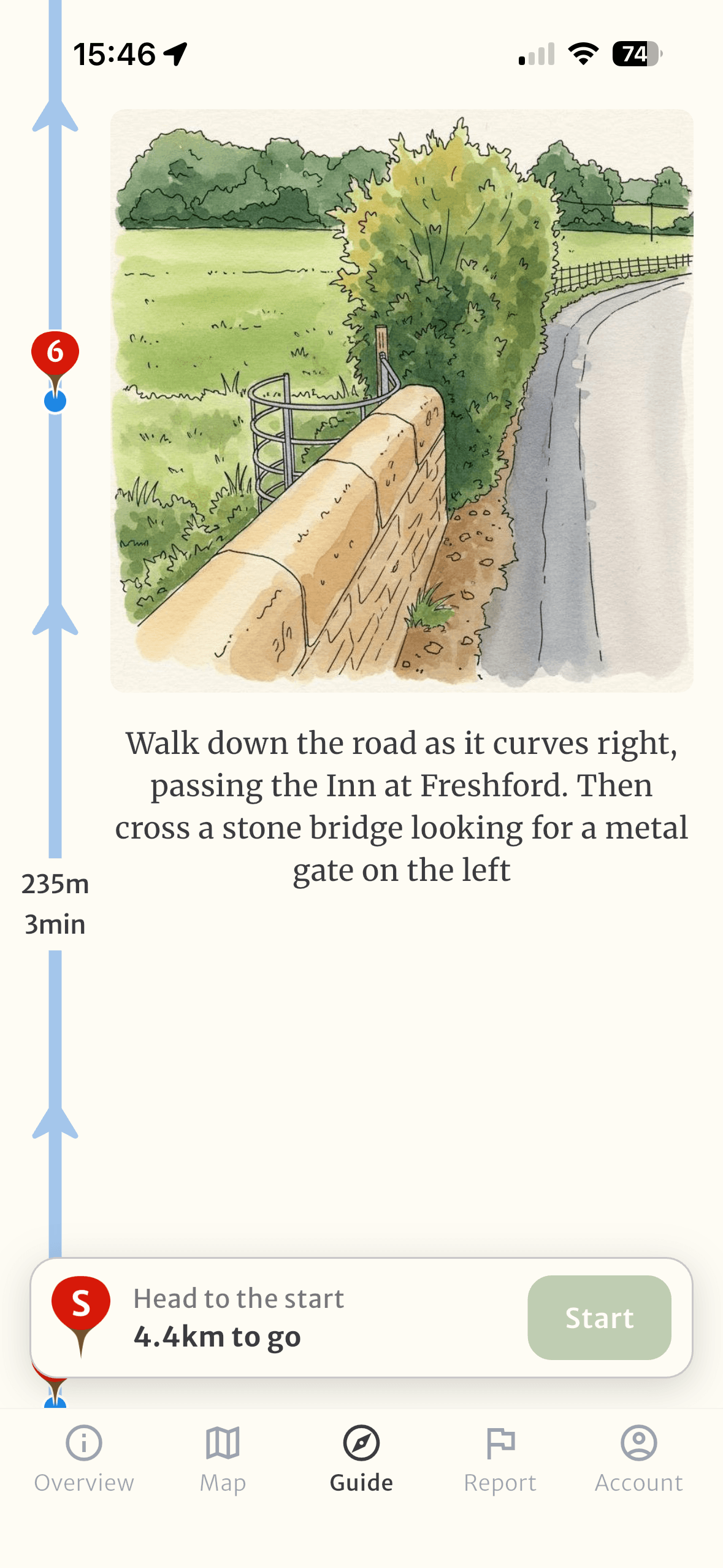 Hawthorn app showing illustrated step-by-step walking instructions